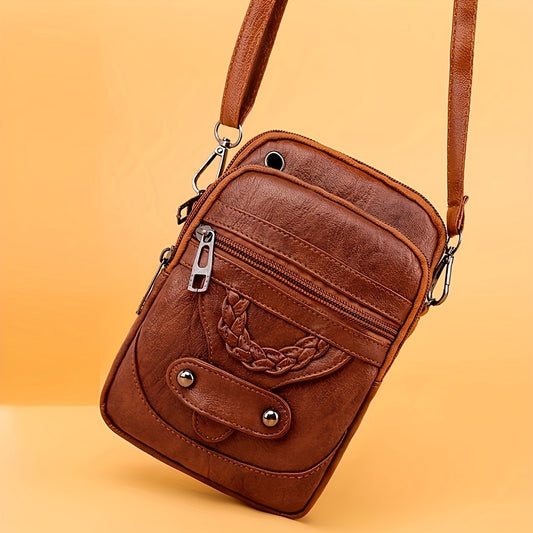 Women's Fashion Mini Crossbody Phone Bag - Vintage Solid Color, Adjustable Shoulder Strap, Lightweight Faux Leather, Zipper Closure - Great for Everyday Use