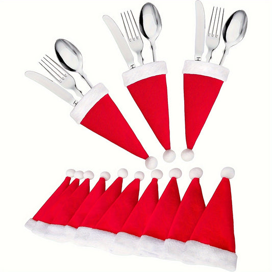 10-Piece Red Mini Santa Hat Cutlery Holder - Great for Holiday Table Decorations, Wine Bottle Caps and Kitchen Accessories