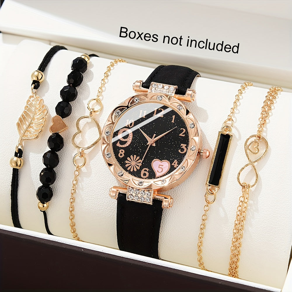 6pcs/set Women's Watch Cute Pink Heart Quartz Watch Shiny Rhinestone Analog Wrist Watch & Bracelets, Gift For Mom Her