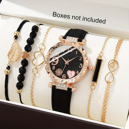 6pcs/set Women's Watch Cute Pink Heart Quartz Watch Shiny Rhinestone Analog Wrist Watch & Bracelets, Gift For Mom Her