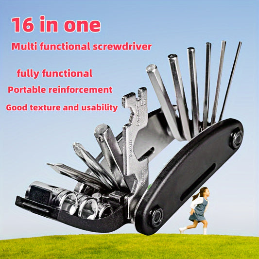 16 in 1 Stainless Steel Portable Folding Multi-Tool with Hex Key, Universal Screwdriver Set and Combination Wrench - Compact Multi-Purpose Pocket Tool Bag