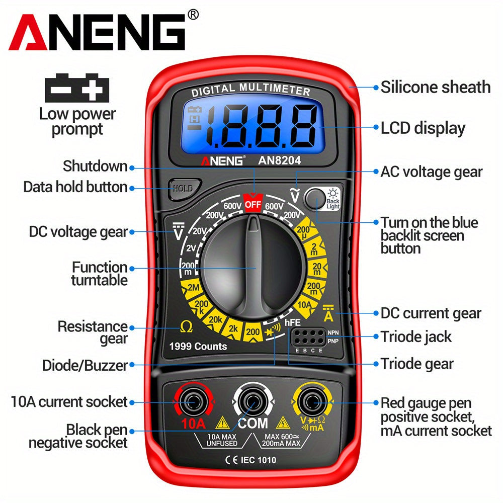 ANENG AN8204 Multimeter 1999 Counts Digital High Precision AC/DC Voltage DC Current hFE Triode Buzzer Multifunctional Test Tools