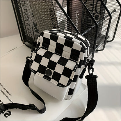 Check canvas crossbody bag, square wallet in front pocket, mini shoulder bag with space for phone and keys