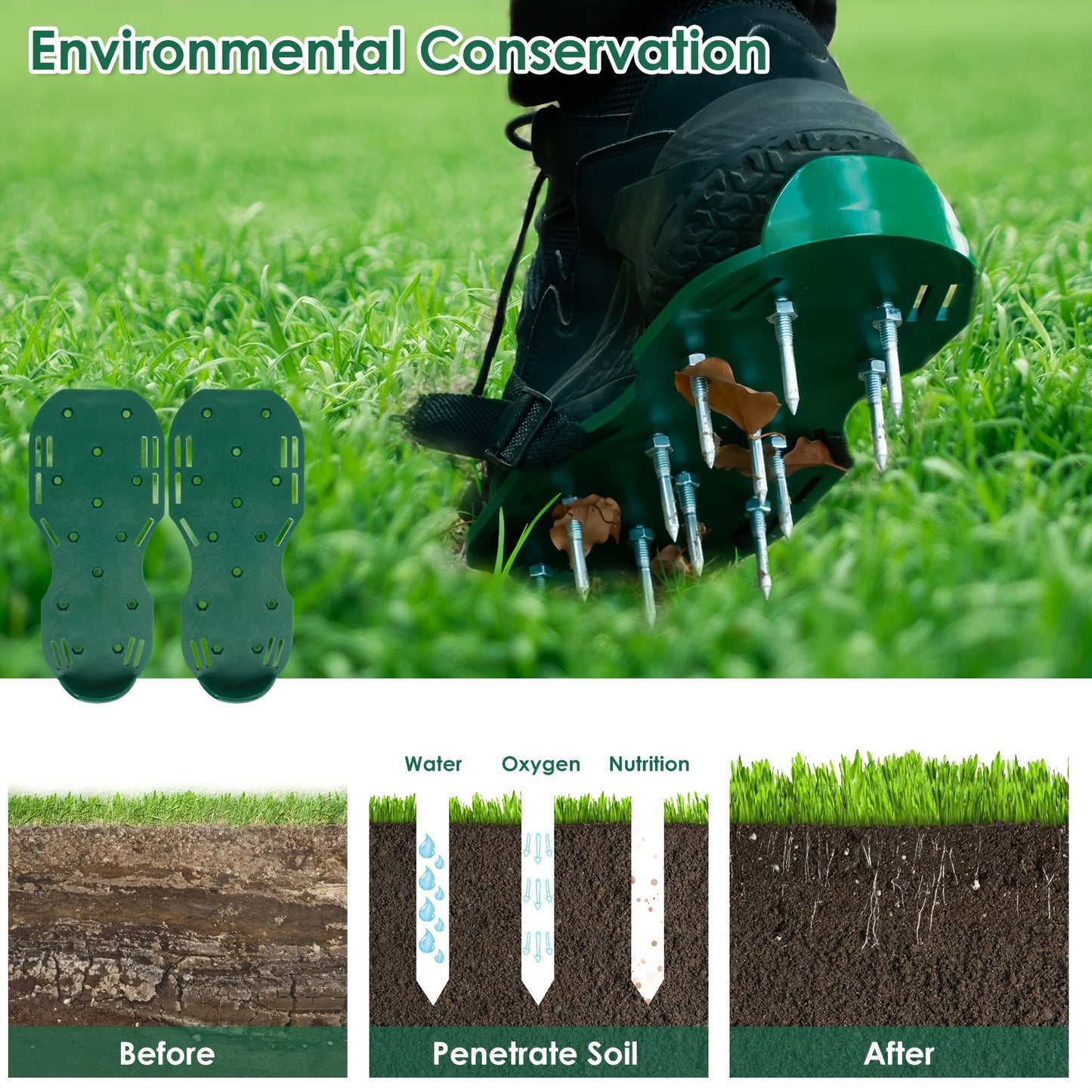 Manual Lawn Aerator with Metal Spikes - 1 Double Duty Garden Soil Aerator Sandal with Adjustable Strap - No Electricity Required Yard Tool for Soil Health and Grass Growth