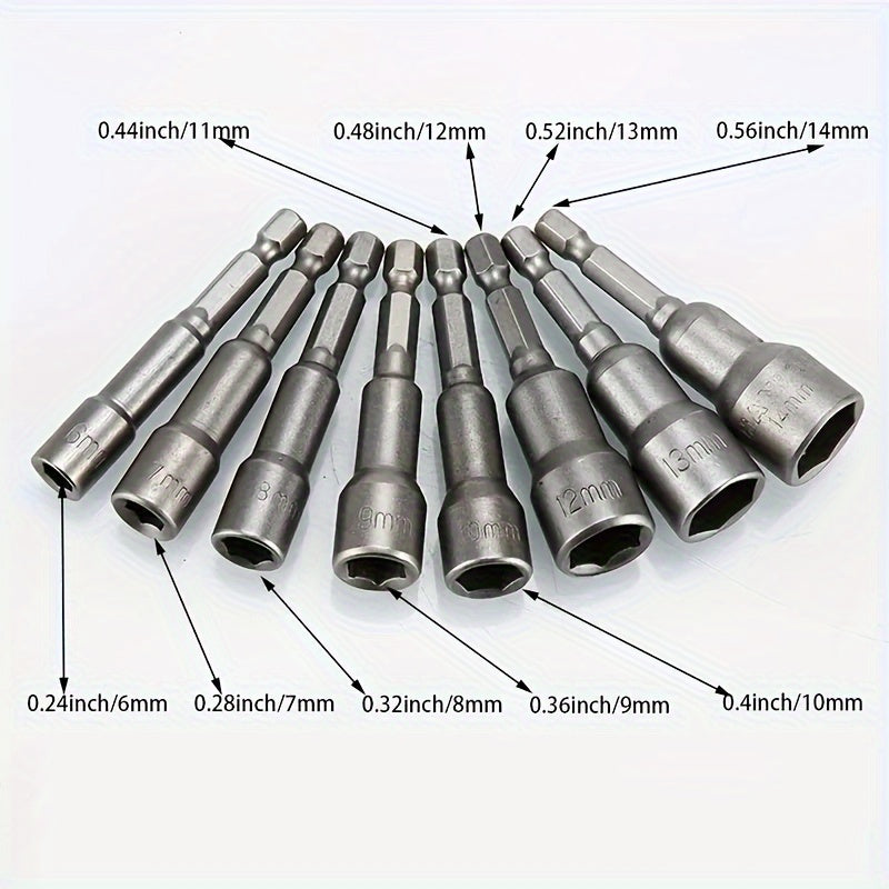 9-Piece Set of 5Mm to 13Mm Hex Socket Screwdriver Bits for Drills - Carbon Steel Construction