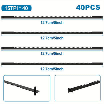 40Pcs Scroll Saw Blade Pin End Set Compatible With 3921 3922 SK5 High Carbon Steel 12.7cm 15TPI Woodworking Metal Cutting Scroll Saw Blade Kit For Softwood Hardwood Wood Cutting Saw Blades Metal Cutting Saw Blades 15TPI Scroll Saw Blade