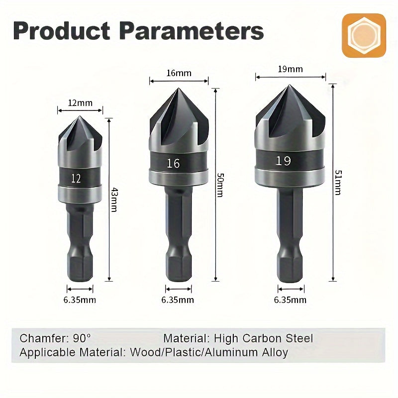 3pcs Carbon Steel 90 Degree Countersink Drill Bits, 1/4 Inch Hex Shank Woodworking Hole Making Drill Bits for Woodworking, Metalworking, and DIY Projects