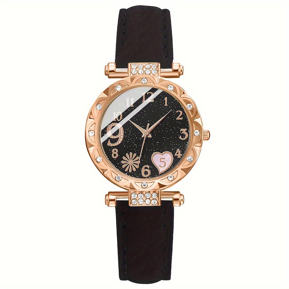 6pcs/set Women's Watch Cute Pink Heart Quartz Watch Shiny Rhinestone Analog Wrist Watch & Bracelets, Gift For Mom Her