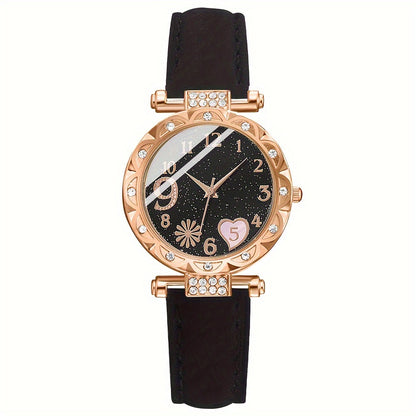 6pcs/set Women's Watch Cute Pink Heart Quartz Watch Shiny Rhinestone Analog Wrist Watch & Bracelets, Gift For Mom Her