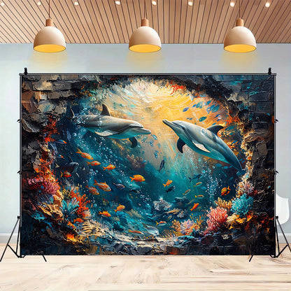 Underwater World Shark and Dolphin Backdrop - Polyester Photo Booth Props, Coral Reef and Red Brick Wall Mural, Party and Photo Studio Decoration, Multipurpose, No Electricity Required