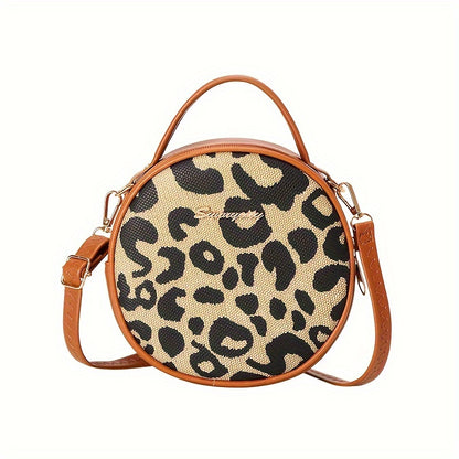 1pcs Girls Vintage Leopard Print Small Round Bag, Cute Small Fashion Handbag, Zipper Casual Shoulder Bag