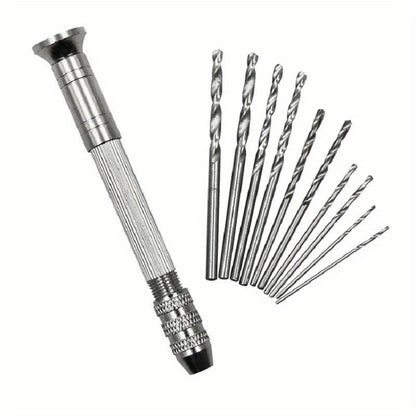 Versatile Mini Hand Drill Set with 10 Drill Bits - Great for Jewelry, Resin Crafts and Model Making, Metal Construction