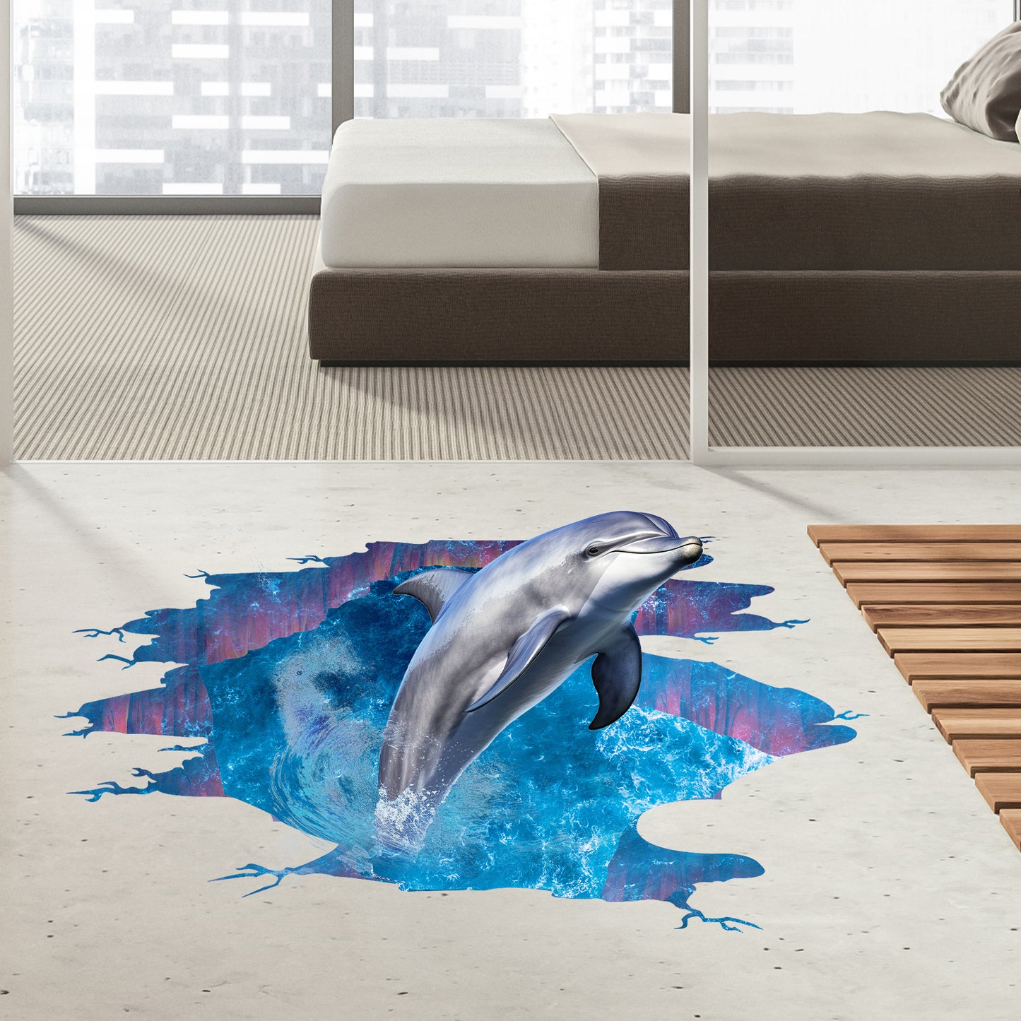 Vinyl Dolphin Wall Sticker, 3D Undersea Sticker, Waterproof Removable Seascape for Bathroom Bedroom Living Room Decoration
