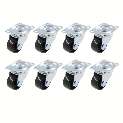 Set of 8 Heavy Duty Swivel Casters, 1" Diameter, with Rubber Base, Polished Metal Finish, Rectangular Top Plate and Bearings - Great for Furniture and Hardware