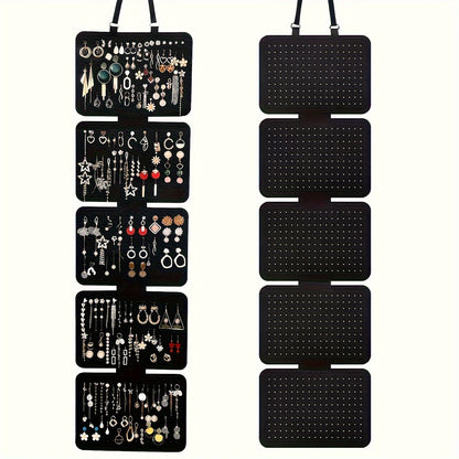 1pc Elegant Black Felt Jewelry Storage Box - 5-Layer Hanging Storage with Large Capacity and Foldable Design for Earrings, Pendants, Necklaces and Bracelets - Versatile Badge and Pin Display with Lanyard
