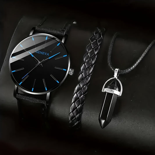 1pc Round Men's Quartz Watch & 1pc Bracelet & 1pc Necklace Set