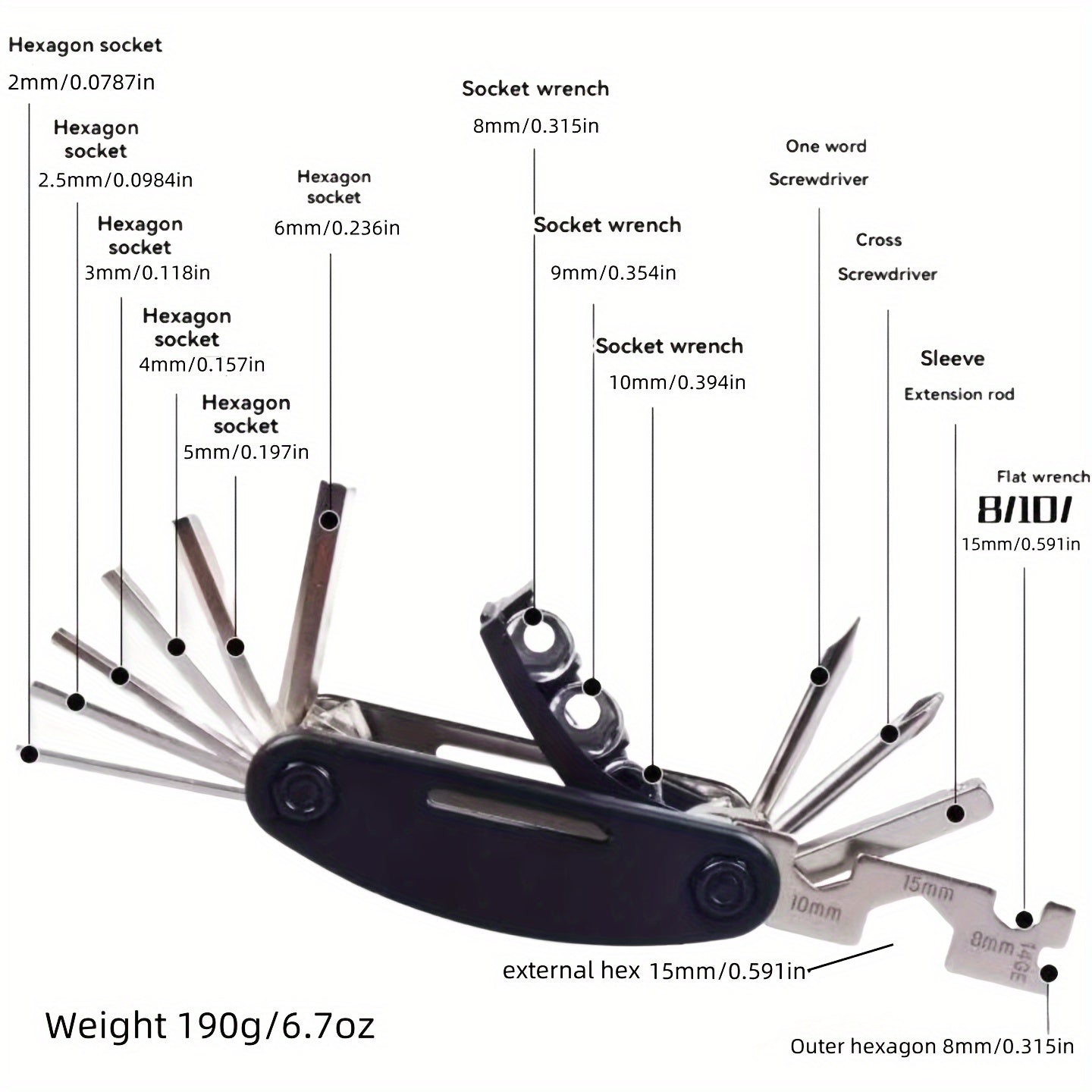 16 in 1 Stainless Steel Portable Folding Multi-Tool with Hex Key, Universal Screwdriver Set and Combination Wrench - Compact Multi-Purpose Pocket Tool Bag