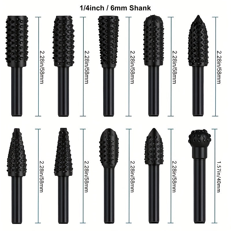 5pcs Wood Carving File Rasp Drill Bit Set - 1/4" 6mm Rotary Rasp Drill Bit for DIY Woodworking, Rotating Embossed Chisel Shaped Shank Tool, Burr Power Tools for Engraving, Polishing, Grinding