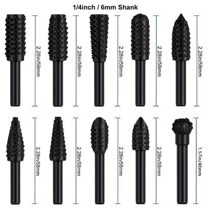 5pcs Wood Carving File Rasp Drill Bit Set - 1/4" 6mm Rotary Rasp Drill Bit for DIY Woodworking, Rotating Embossed Chisel Shaped Shank Tool, Burr Power Tools for Engraving, Polishing, Grinding