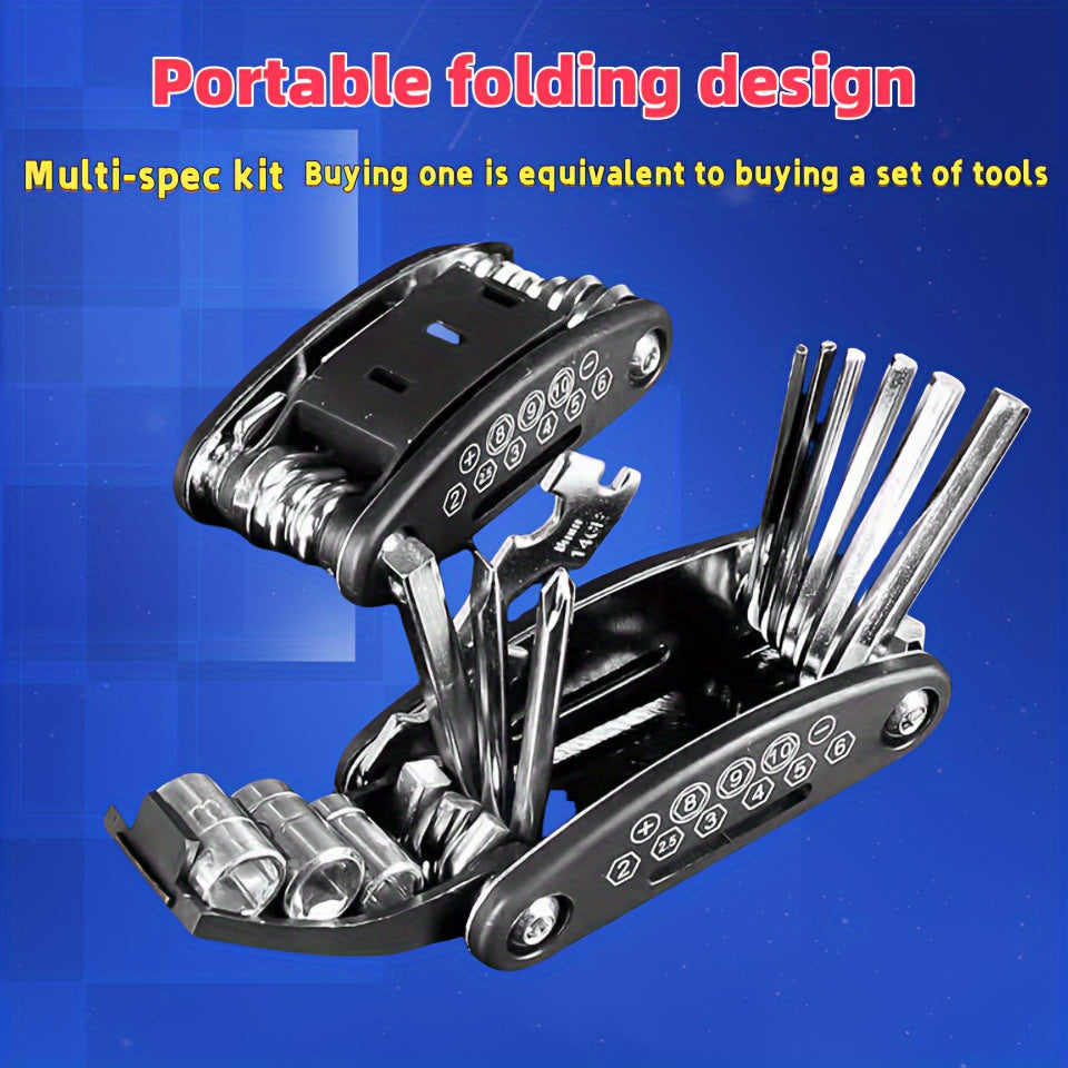 16 in 1 Stainless Steel Portable Folding Multi-Tool with Hex Key, Universal Screwdriver Set and Combination Wrench - Compact Multi-Purpose Pocket Tool Bag