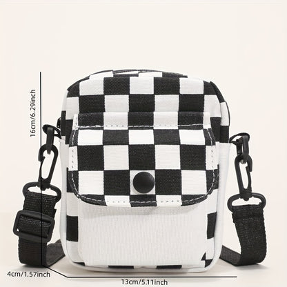 Check canvas crossbody bag, square wallet in front pocket, mini shoulder bag with space for phone and keys