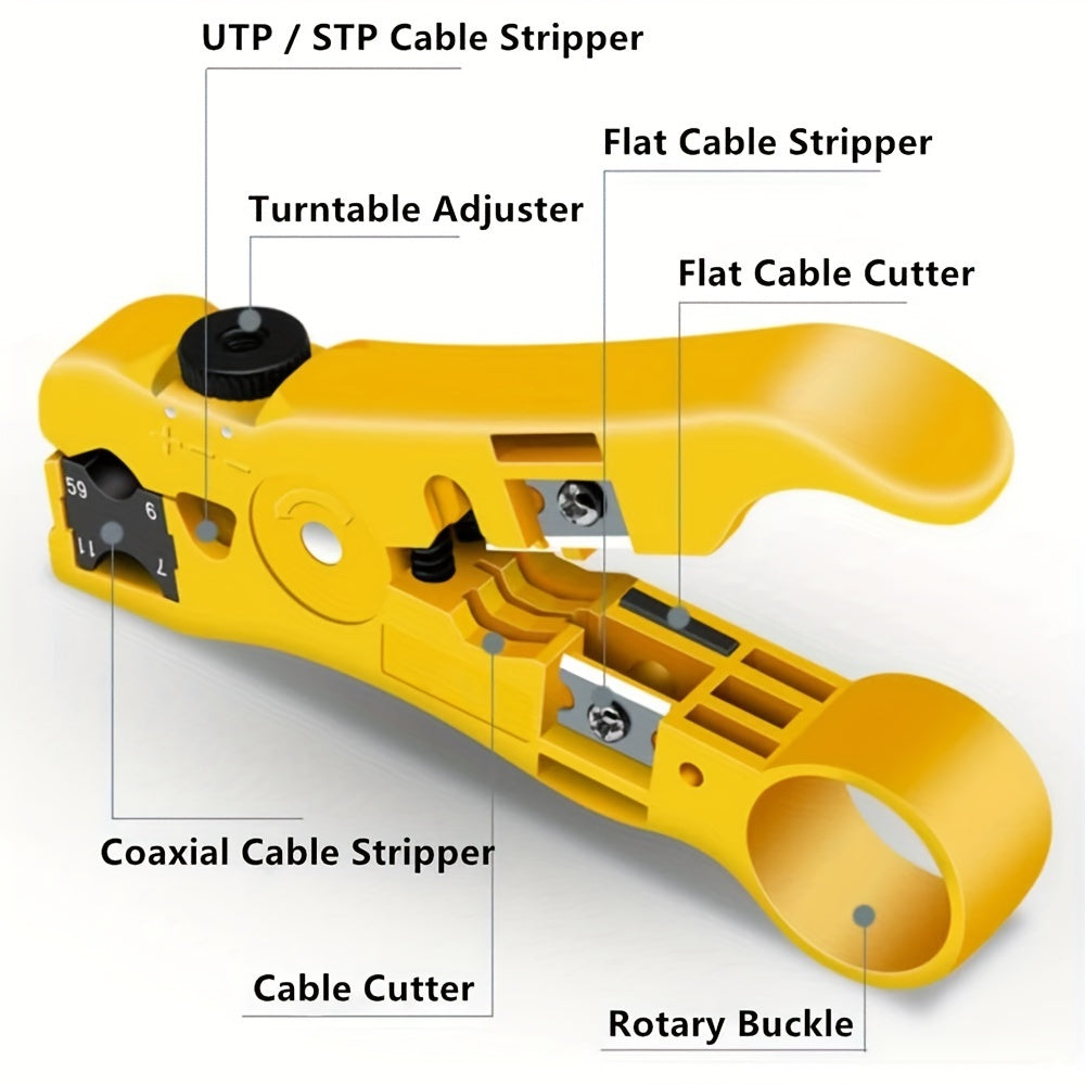 1pc Multi-Functional Electric Stripping Knife Pliers Tool, Coaxial Cable Wire Cutter Striper for UTP/STP RG59 RG6 RG7 RG11 Network Cables with Precise Wire Stripping