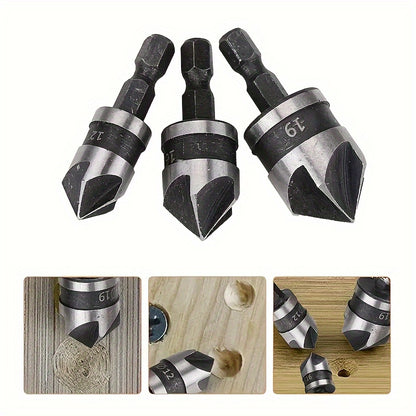 3pcs Carbon Steel 90 Degree Countersink Drill Bits, 1/4 Inch Hex Shank Woodworking Hole Making Drill Bits for Woodworking, Metalworking, and DIY Projects