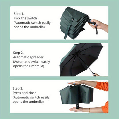 Automatic opening folding umbrella with UV protection, 8 steel ribs, 190T polyester pongee fabric, windproof, compact, sun and rain protection - Professional for business and travel
