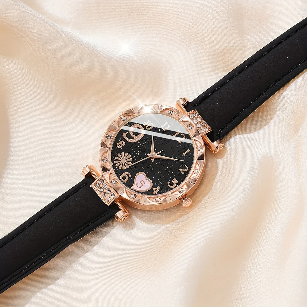 6pcs/set Women's Watch Cute Pink Heart Quartz Watch Shiny Rhinestone Analog Wrist Watch & Bracelets, Gift For Mom Her