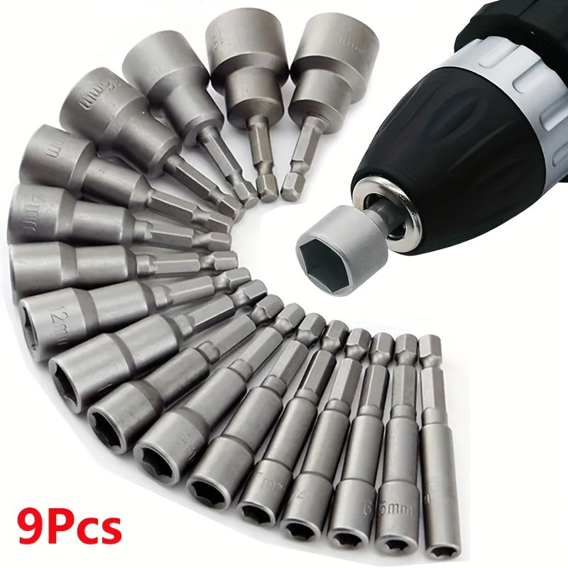 9-Piece Set of 5Mm to 13Mm Hex Socket Screwdriver Bits for Drills - Carbon Steel Construction