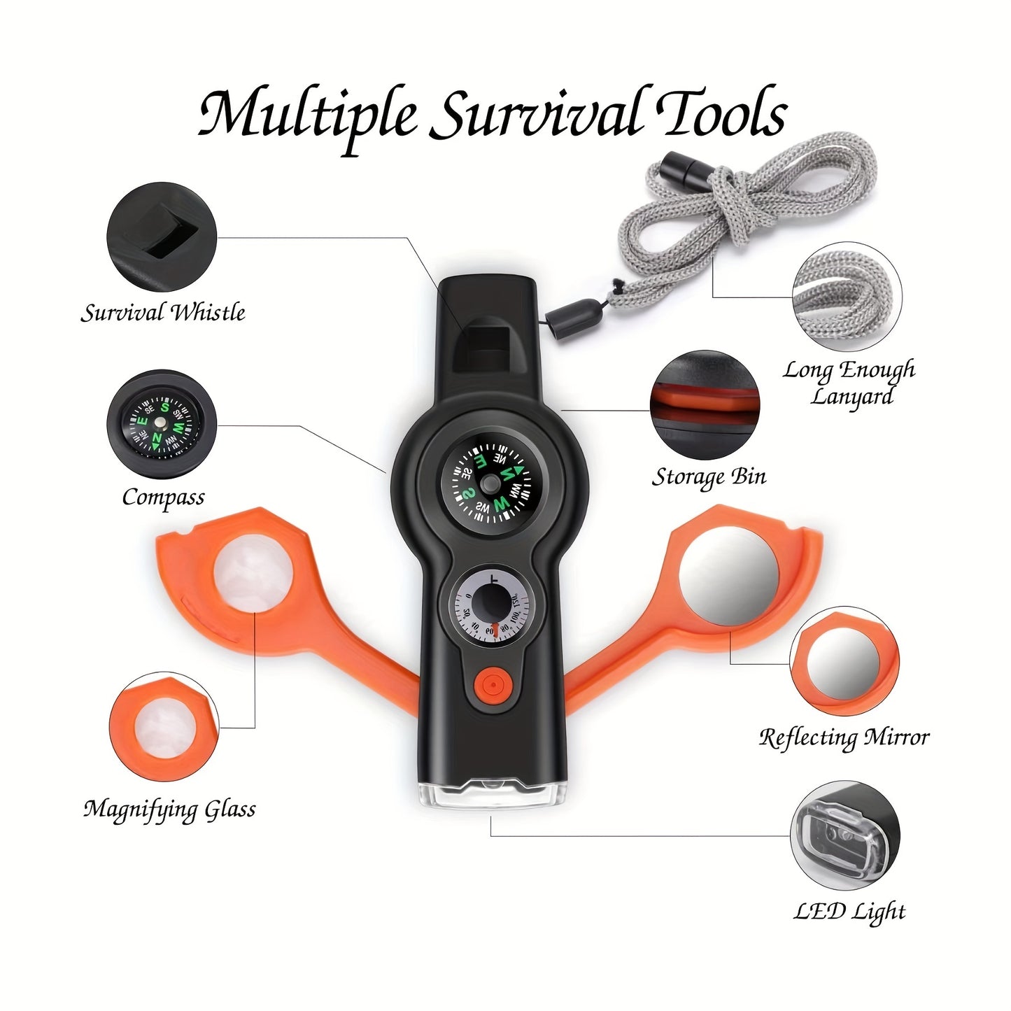 7-in-1 Emergency Survival Whistle: Outdoor Multifunctional Tool for Kayaking, Boating, Hiking, Camping, Climbing, Hunting, Fishing & Rescue Signaling