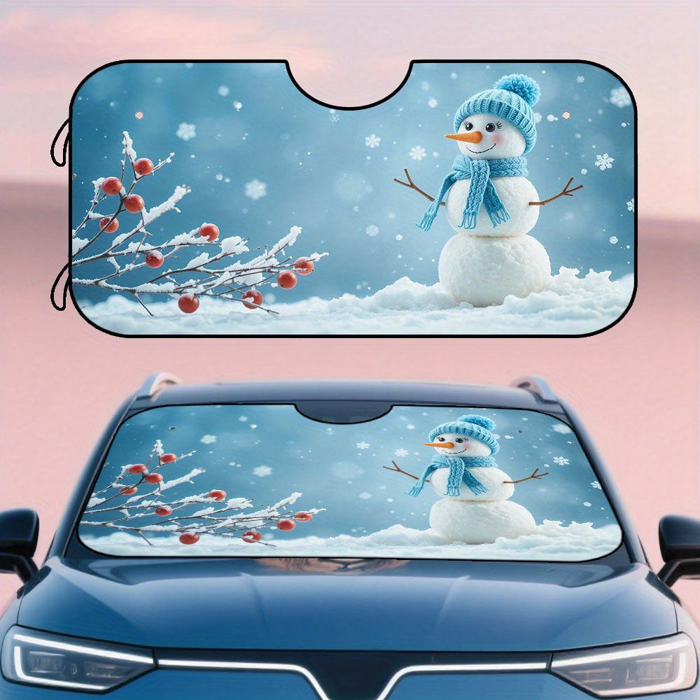 1pc Festive Winter Snowman Car Sunshade   Foldable Windshield Cover with Snowy Scene Print  Durable Polyester for SUV  Sedan  and Truck  Ideal for Winter Travel & Gifting  Winter Car Accessories