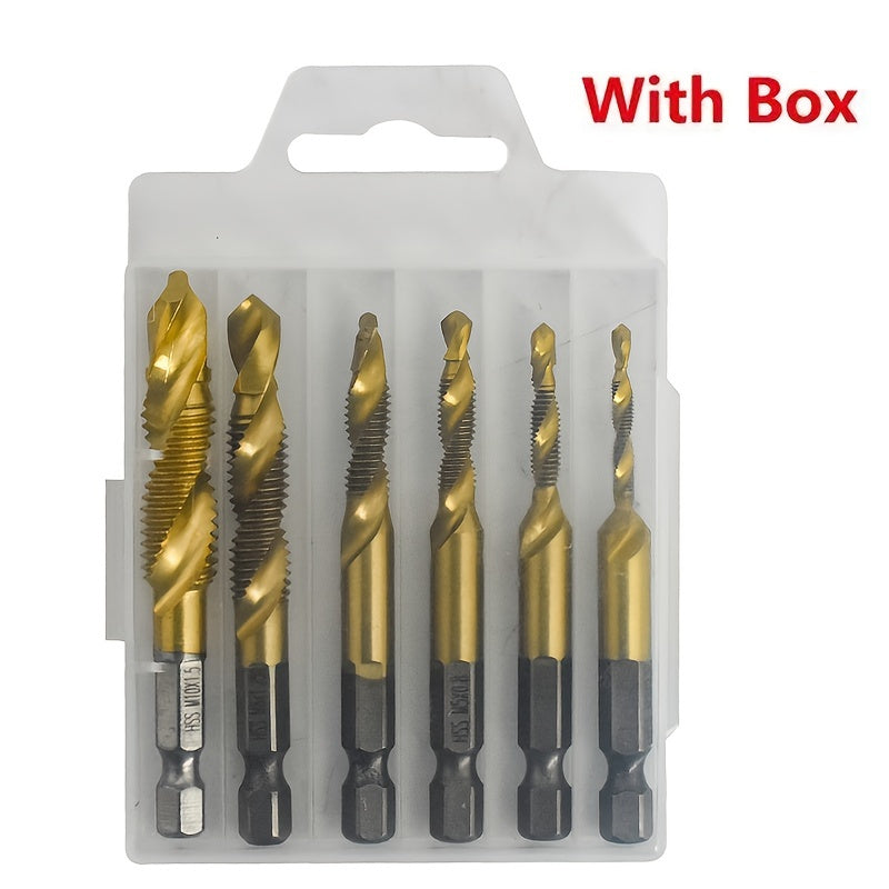 6pcs/Set, M3-M10 Titanium Coated HSS Composite Screw Tap Drill 1/4" Hex Shank Spiral Deburr Countersink Drill Bit Metalworking Tool