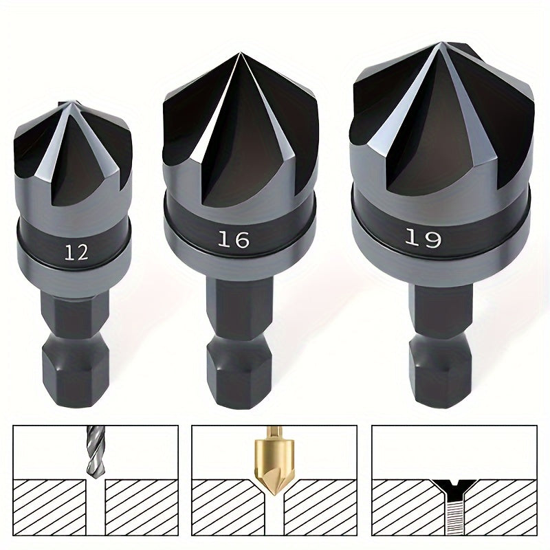 3pcs Carbon Steel 90 Degree Countersink Drill Bits, 1/4 Inch Hex Shank Woodworking Hole Making Drill Bits for Woodworking, Metalworking, and DIY Projects