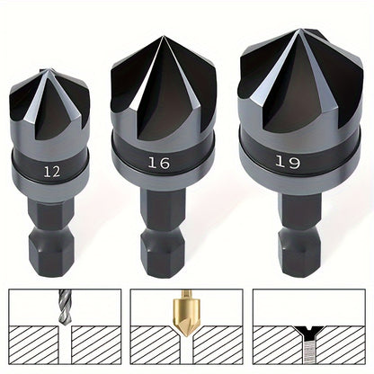 3pcs Carbon Steel 90 Degree Countersink Drill Bits, 1/4 Inch Hex Shank Woodworking Hole Making Drill Bits for Woodworking, Metalworking, and DIY Projects