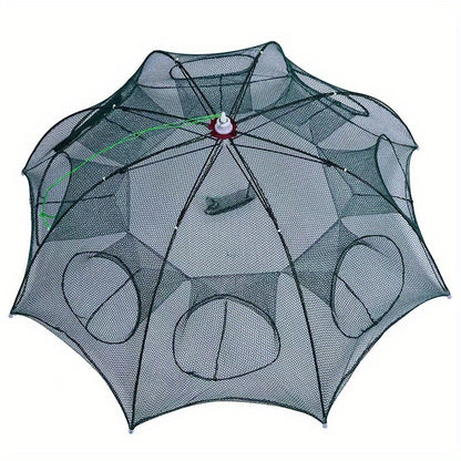 1-Piece Portable Umbrella-Shaped Multi-Hole Nylon Lobster Cage Fishing Net - Durable, Foldable, Lightweight Fishing Gear for Easy Catch and Release - Great for Saltwater and Freshwater Fishing  8 Holes