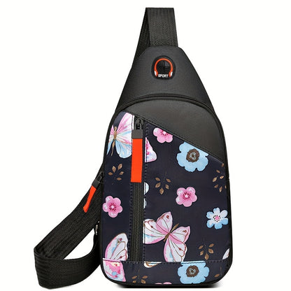 Women's casual nylon chest bag with adjustable shoulder straps and zipper closure, solid color, random pattern, polyester lining, stylish mini canvas crossbody bag, painted edges, random direction of upper zipper