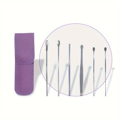 6 in 1 Stainless Steel Ear Wax Removal Tool Kit with PU Leather Case - Portable Ear Cleaner Set with Multiple Heads and Spoon for Ear Care in Stick Shape, No Batteries Required