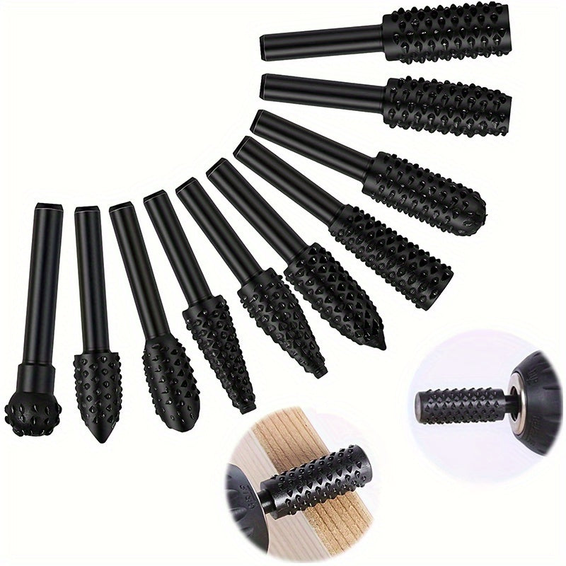 5pcs Wood Carving File Rasp Drill Bit Set - 1/4" 6mm Rotary Rasp Drill Bit for DIY Woodworking, Rotating Embossed Chisel Shaped Shank Tool, Burr Power Tools for Engraving, Polishing, Grinding