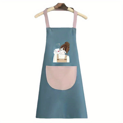 Cute Cartoon Girl Printed Apron - Home Cooking Waterproof and Oil Proof Kitchen Apron