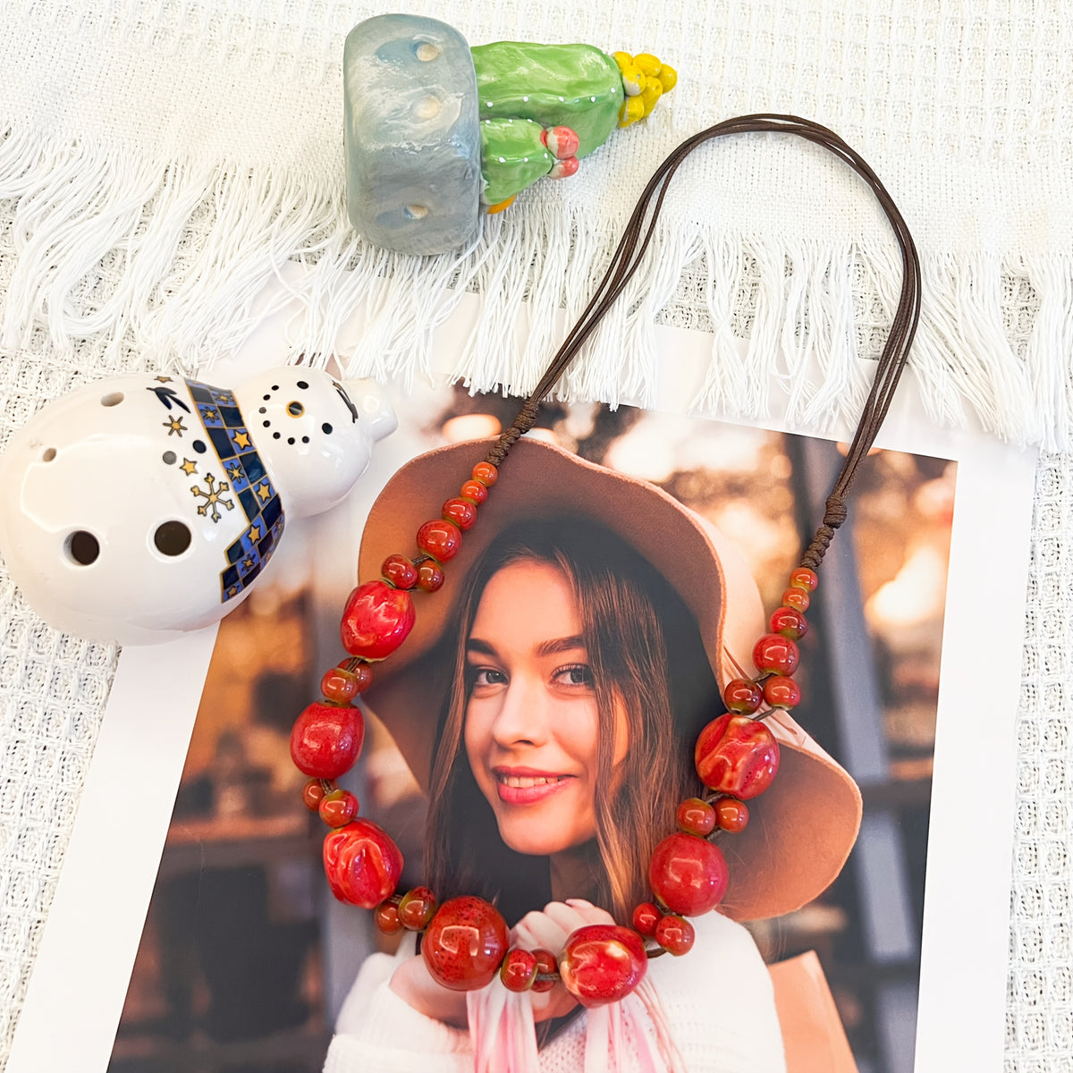 Women's Bohemian Handmade Clay Bead Necklace   Adjustable Turquoise/Green/Blue/Grey/Black/Marble Beads  Boho Ceramic Jewelry Gift for December Birthdays  Valentine’s Day  Everyday & Party Wear  Earth Tone All Season Accessory