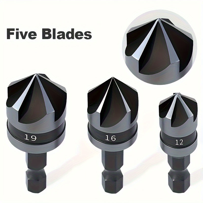 3pcs Carbon Steel 90 Degree Countersink Drill Bits, 1/4 Inch Hex Shank Woodworking Hole Making Drill Bits for Woodworking, Metalworking, and DIY Projects