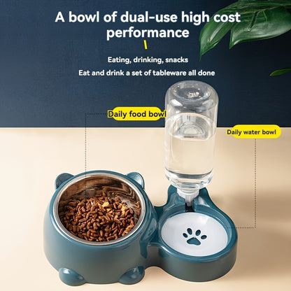 2 in 1 Pet Feeder with Automatic Drinking Fountain, Non-slip Tilt Stainless Steel Cat and Dog Food Bowl, No Batteries Required, No Power Supply Required, Automatic Feeder for Cats
