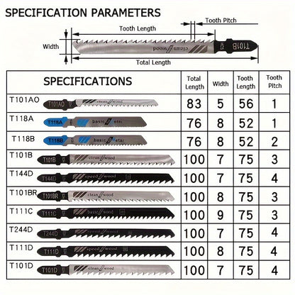 10pcs Jigsaw Blade Set - Fine & Coarse Teeth For Wood, Metal, Plastic - Prevents Edge Collapse & Explosion