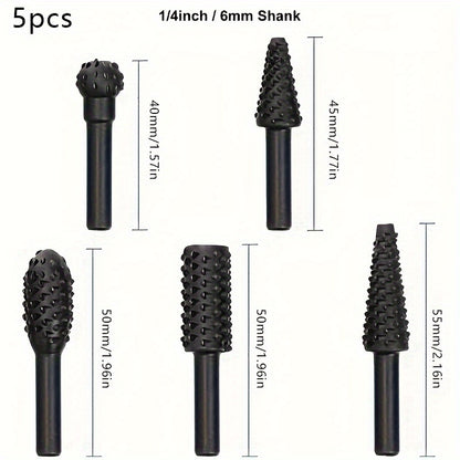 5pcs Wood Carving File Rasp Drill Bit Set - 1/4" 6mm Rotary Rasp Drill Bit for DIY Woodworking, Rotating Embossed Chisel Shaped Shank Tool, Burr Power Tools for Engraving, Polishing, Grinding