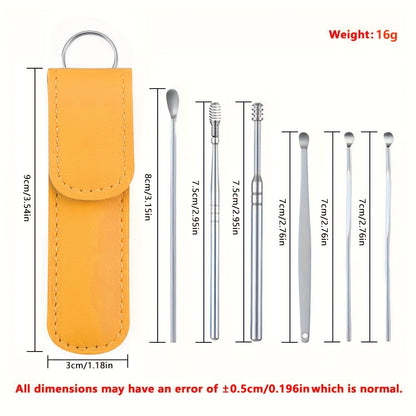 6 in 1 Stainless Steel Ear Wax Removal Tool Kit with PU Leather Case - Portable Ear Cleaner Set with Multiple Heads and Spoon for Ear Care in Stick Shape, No Batteries Required