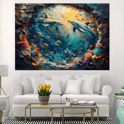 Underwater World Shark and Dolphin Backdrop - Polyester Photo Booth Props, Coral Reef and Red Brick Wall Mural, Party and Photo Studio Decoration, Multipurpose, No Electricity Required