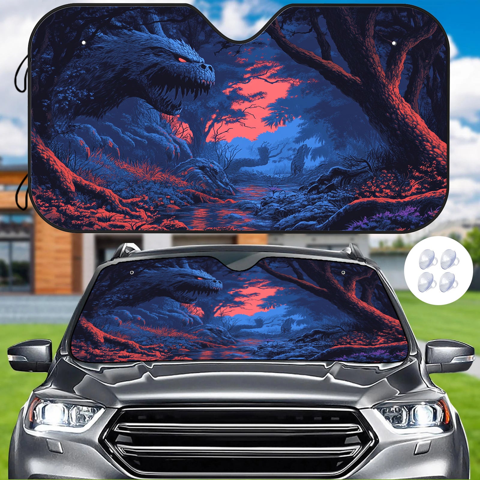 Mysterious Forest Monster Pattern Car Sunshade  Heat Insulation and Scratch Resistant  Keeps the Interior Comfortable with Installation Suction Cups