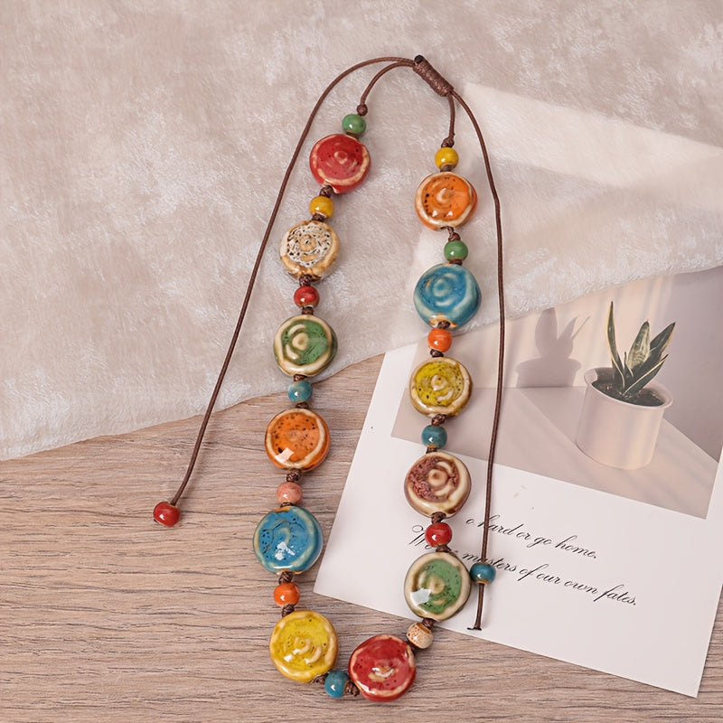 Bohemian Style Ceramic Pearl Adjustable Necklace   Handmade  High Temperature Fired  Multicolor Rose Pattern Gemstone  Versatile Sweater Chain. Bohemian Fashion Jewelry  Perfect for Daily Wear and Special Occasions  Ideal Gift for Valentine'S Day  Mother'