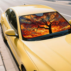 1pc Fiery Sunset Tree Silhouette Car Sunshade   Foldable Design  Vibrant Orange & Red Art Pattern  Perfect for Daily Drives  Grocery Runs  and Events  Easy to Store  Enhances Every Ride  Car Sunshade